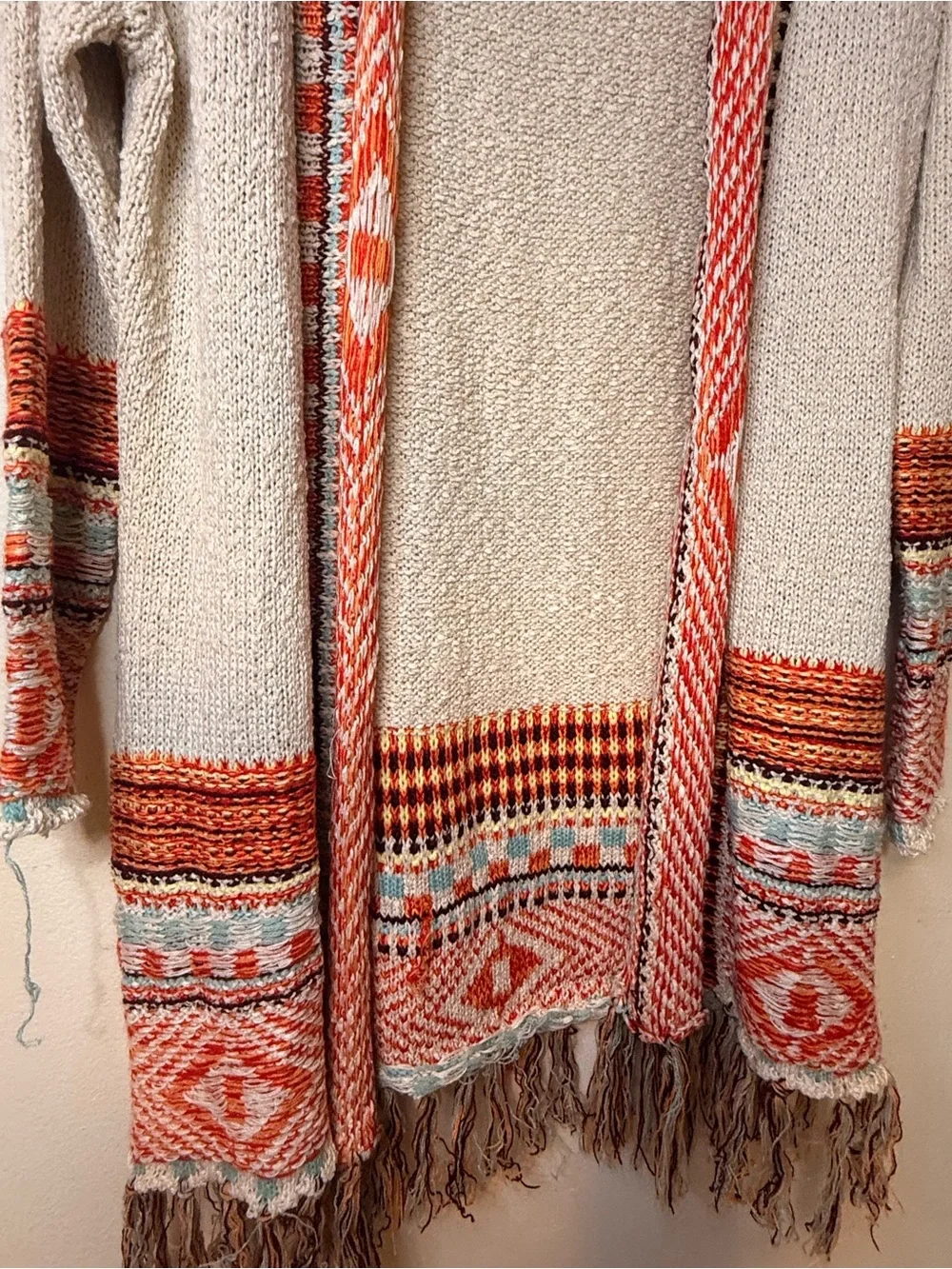 ADORA Cream Sweater Cardigan with Orange Multicolor Trim and Fringe